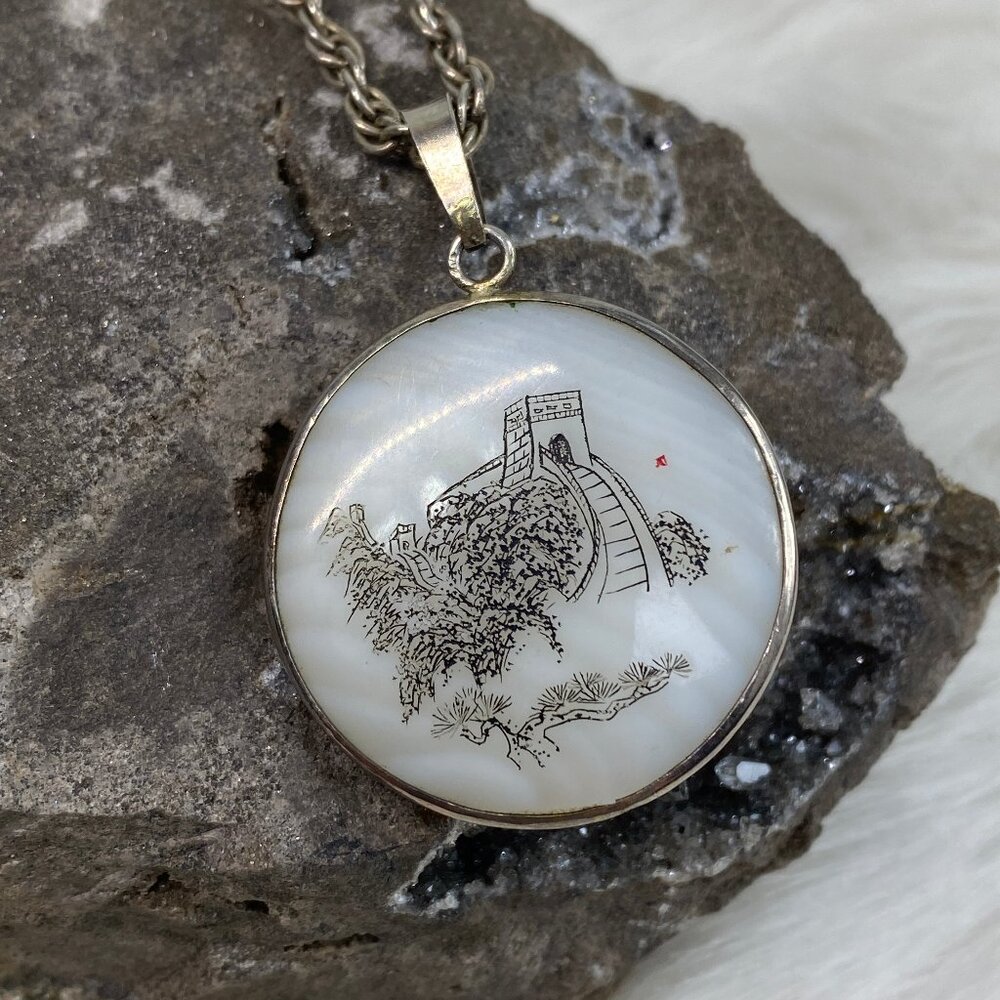 Vintage Great Wall of China Mother of Pearl Scrimshaw Sterling Silver Pendant